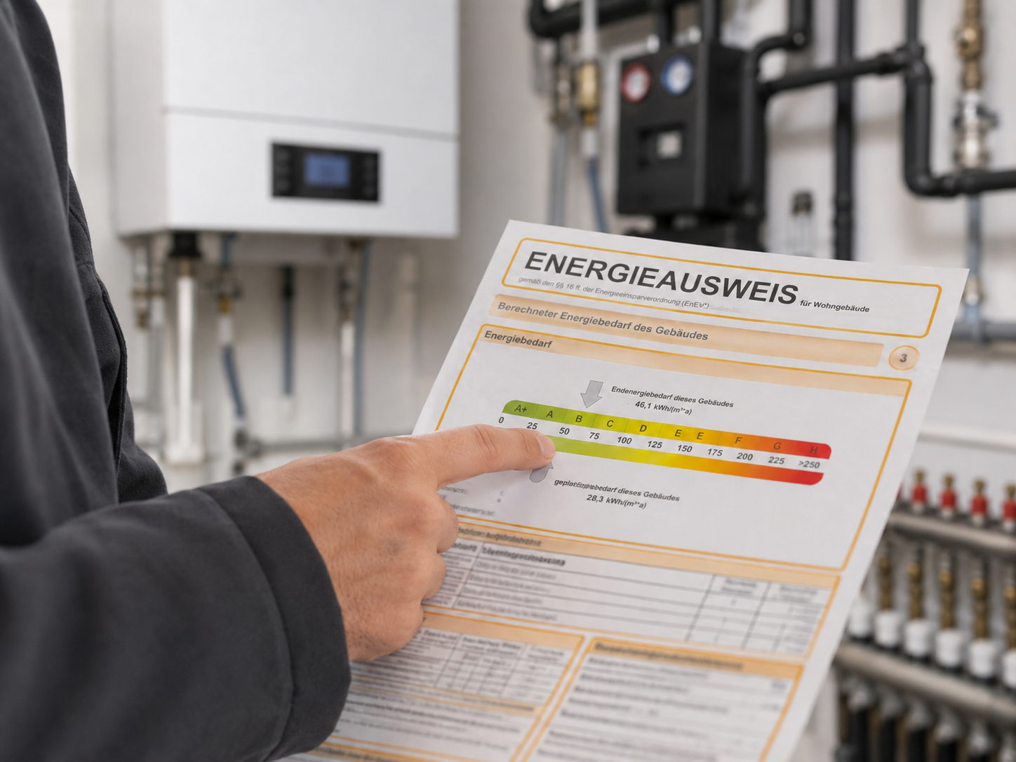 Fachliche Erläuterung eines Energieausweises im Heizungsraum